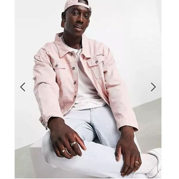 Liquor N Poker Men's Sz M Pink 90s Distressed Oversized Denim Jacket $75 - Picture 8 of 10